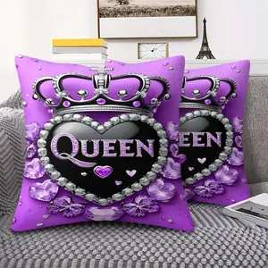 Glamorous Queen Throw Pillow, Featuring a Glossy Graphic Design with a Regal Crown and Black Heart, Embellished with Sparkling Purple and Clear Gemstones, Perfect for Chic Bedroom Decor, Soft and Stylish, 45cm Square Includes Pillow Insert