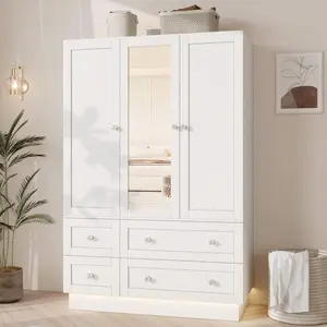 42" Wardrobe Armoire With Mirror & RGB Lighting, Modern Wardrobe With Hanging Rod, 4 Drawer & 3 Shelves For Storage, 3 Doors Wardrobe Closet For Bedroom