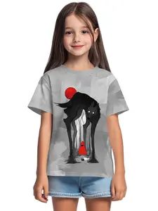 Dark Forest Giant Wolf and Little Red Riding Hood Digital Print Summer Fashion Girls' Clothing, 100% Polyester Designed for Active Children, Cute Girls' Short-Sleeve T-Shirts, Summer Casual Children's Clothing, Outdoor Sports T-Shirts