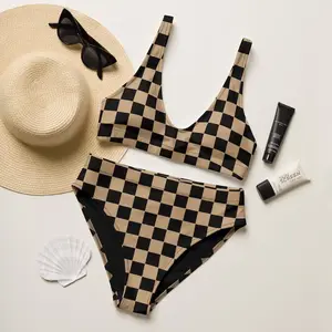 Tan Checkered Bikini Set, Retro Hippie Crop Top Bikini, Vintage High Waisted Swim Suit, Checker Bikini Swim Suit, Roller Skate Surf