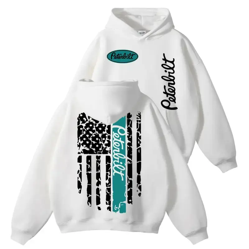 Peterbilt American Flag Graphic Hoodie, Distressed USA Flag Semi Truck Pullover, Vintage Trucker Life Streetwear Apparel