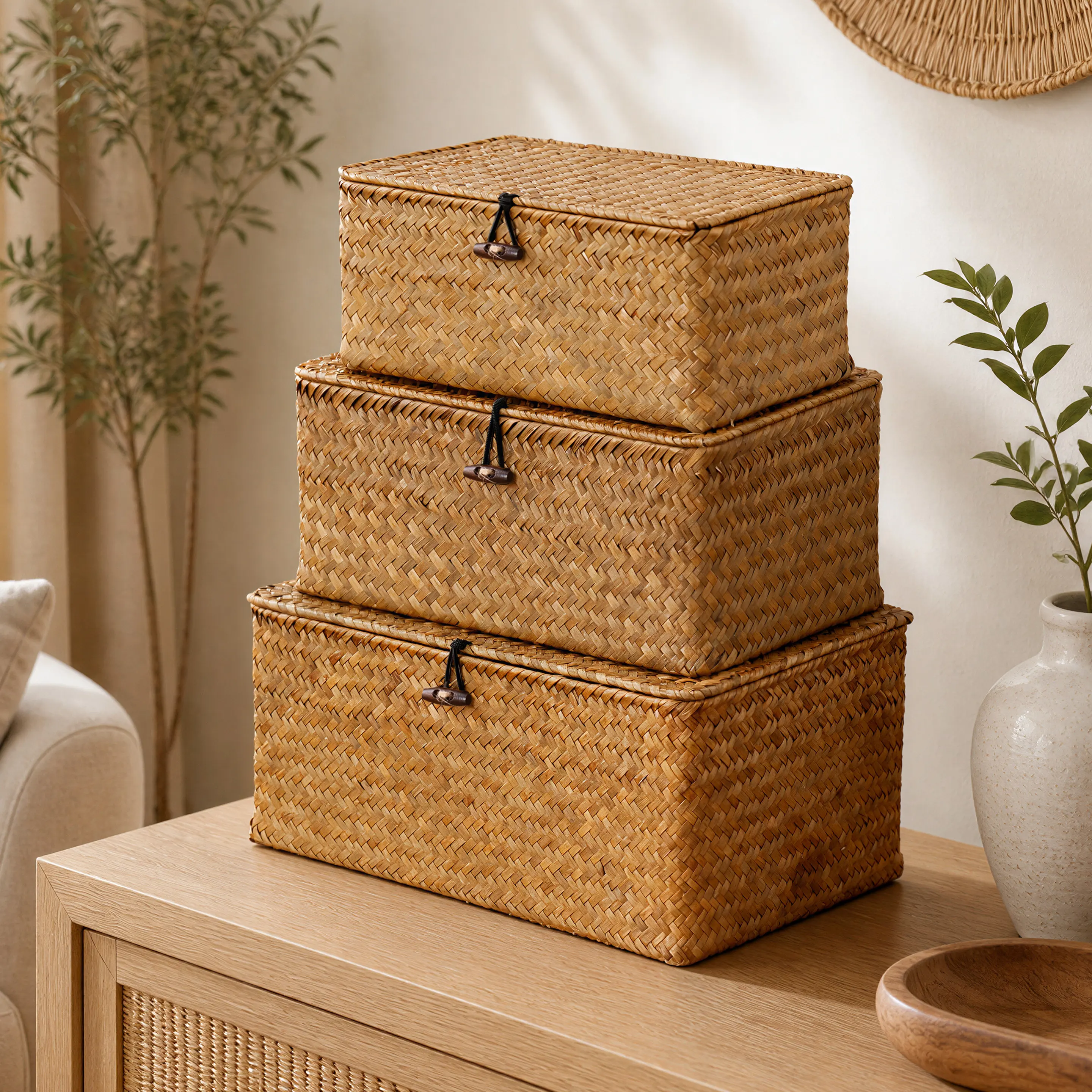Nonam Handwoven Natural Seagrass Bin with Lid, Set of 3, Shelf Baskets Multipurpose Container for Boho Decoration, Rectangular Household Storage Boxes for Home Organization