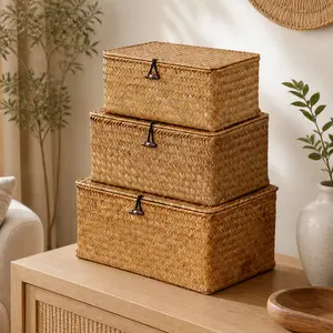 Nonam Handwoven Natural Seagrass Bin with Lid, Set of 3, Shelf Baskets Multipurpose Container for Boho Decoration, Rectangular Household Storage Boxes for Home Organization