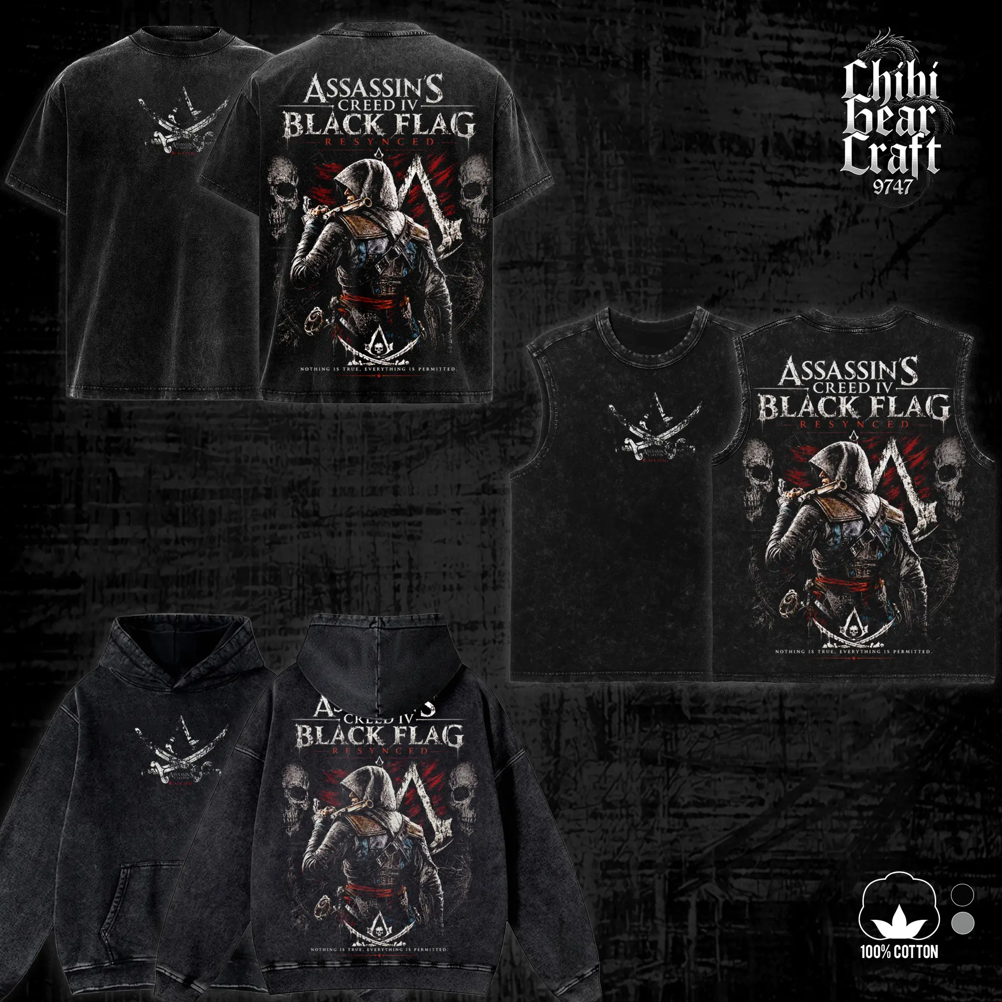 Assassin's Creed IV Black Flag Shirt Edward Kenway Pirate Skull Art Vintage Acid Washed Oversized T-Shirt Hoodie Tank Top Stealth Gamer Graphic Tee Faded Black Grunge Streetwear Summer Outfits Merch Gift For Men, Gifts For Him