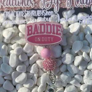 Baddie on Duty Badge - Pink Design with Pearl Accents and Colorful Detail, Includes Reel