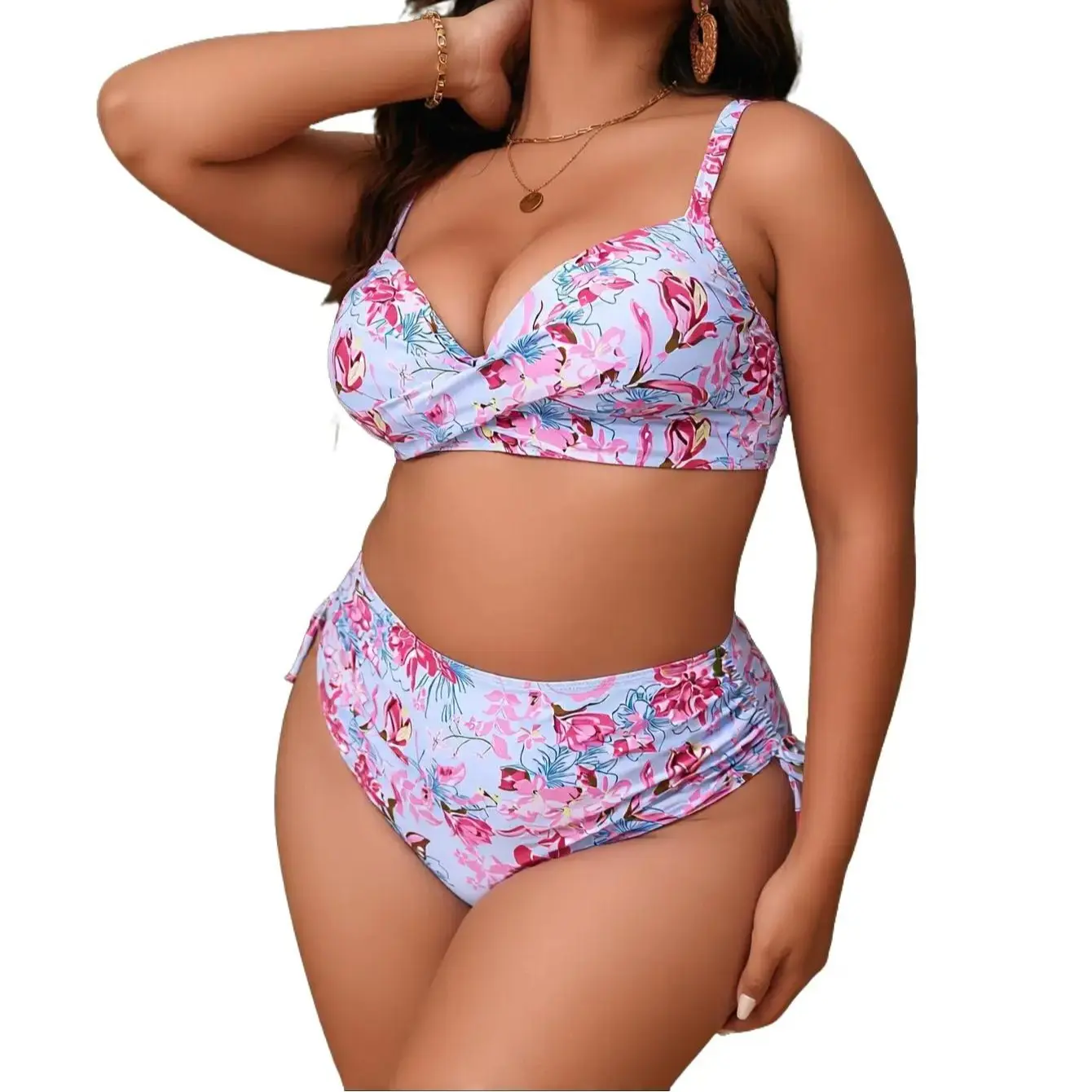 Plus Size Floral Stretch Bikini Set, High Waist Tummy Control 2-Piece Swimsuit with Underwire Twist-Front Top, Two Piece Set, Plus Size Swimsuits