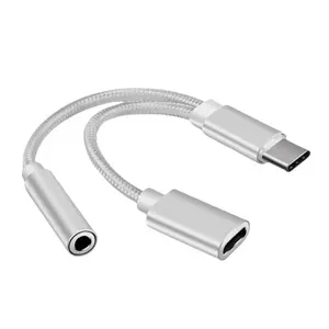 USB-C 2-In-1 Braided Audio Adapter Cable 3.5mm Headphone To Android Phone AUX Charging Splitter – Type C Male To 3.5mm Female Earphone Jack & USB-C Female PD Fast Charging Cord, Tangle-Free, USBC Aux Splitter Cable Headset Portable USB-C