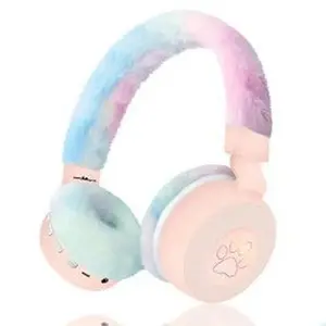 Kik_Fluffy Over-Ear Bluetooth Headphones with LED Paw Design - Comfortable Skin-Friendly Wear MSL807 for Universal Cell Phone And Bluetooth Device (Pink)