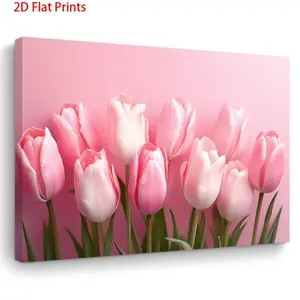 2D Flat Wooden Frame Canvas Art Painting, Floral Printed, Floral Aesthetic Pattern, Depicting Pink Tulips, Perfect for home decor. Hangable Wall Art is an Excellent Gift for Him and Her on Halloween and Christmas