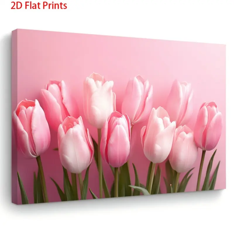 2D Flat Wooden Frame Canvas Art Painting, Floral Printed, Floral Print Design, Floral Aesthetic Pattern, Depicting Pink Tulips, Perfect for home decor. Hangable Wall Art is an Excellent Gift for Him and Her on Halloween and Christmas
