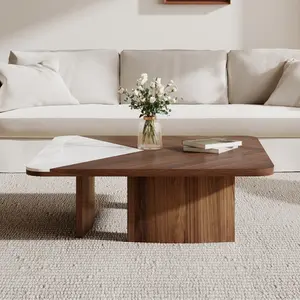 Modern 35.43" Square Coffee Table, Solid Wood Veneer with White Sintered Stone Table Top Furniture Living Room