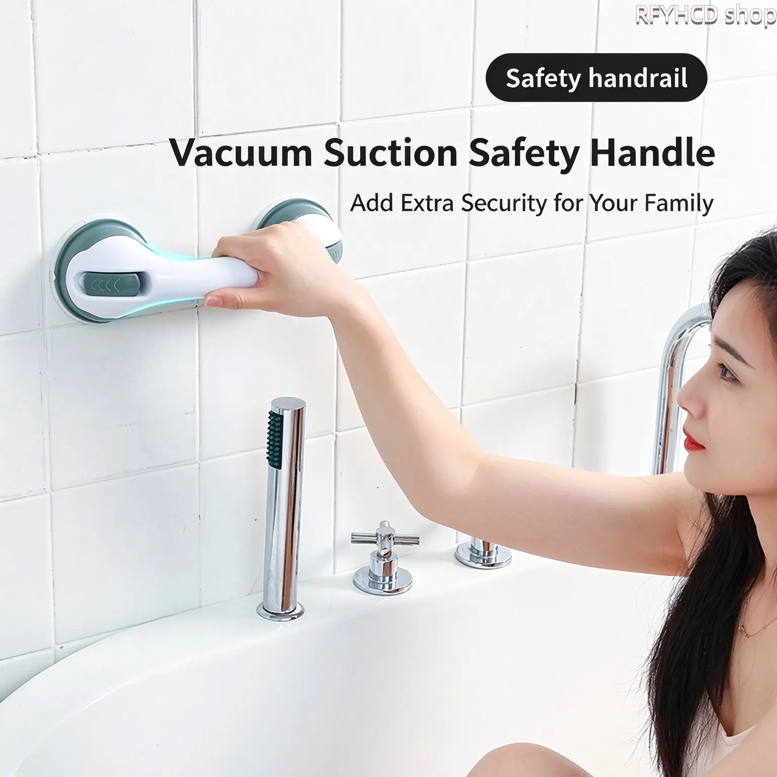 Bathroom Suction Cup Grab Bar, No-Drill Shower Safety Handrail, Portable Non-Slip Shower Handle for Bathtub & Shower Walls