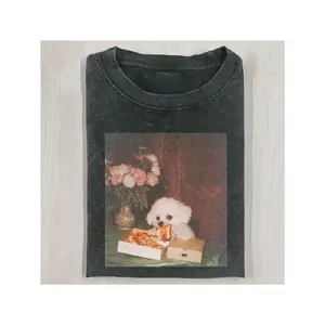 Men'S Acid Wash T-Shirt | Vintage Distressed Style Healing Series Puppy Eating Pizza Bouquet Scene Art Print Trendy Brand Casual T-Shirt, Crew Neck, Regular Fit