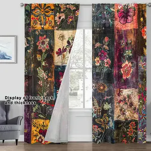 Vintage Floral Print Curtain, 2 Counts Bohemian Style Curtain, Home Textile, Lightweight Semi Blackout Curtain for Home Living Room Bedroom Decor
