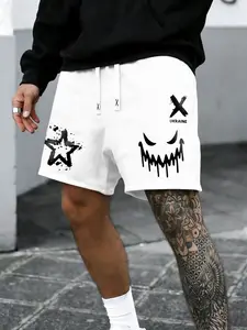 Men's Summer Dark Graffiti Print Casual Shorts, Elastic Waist with Drawstring, Loose Fit Comfortable Streetwear Street Style, Menswear