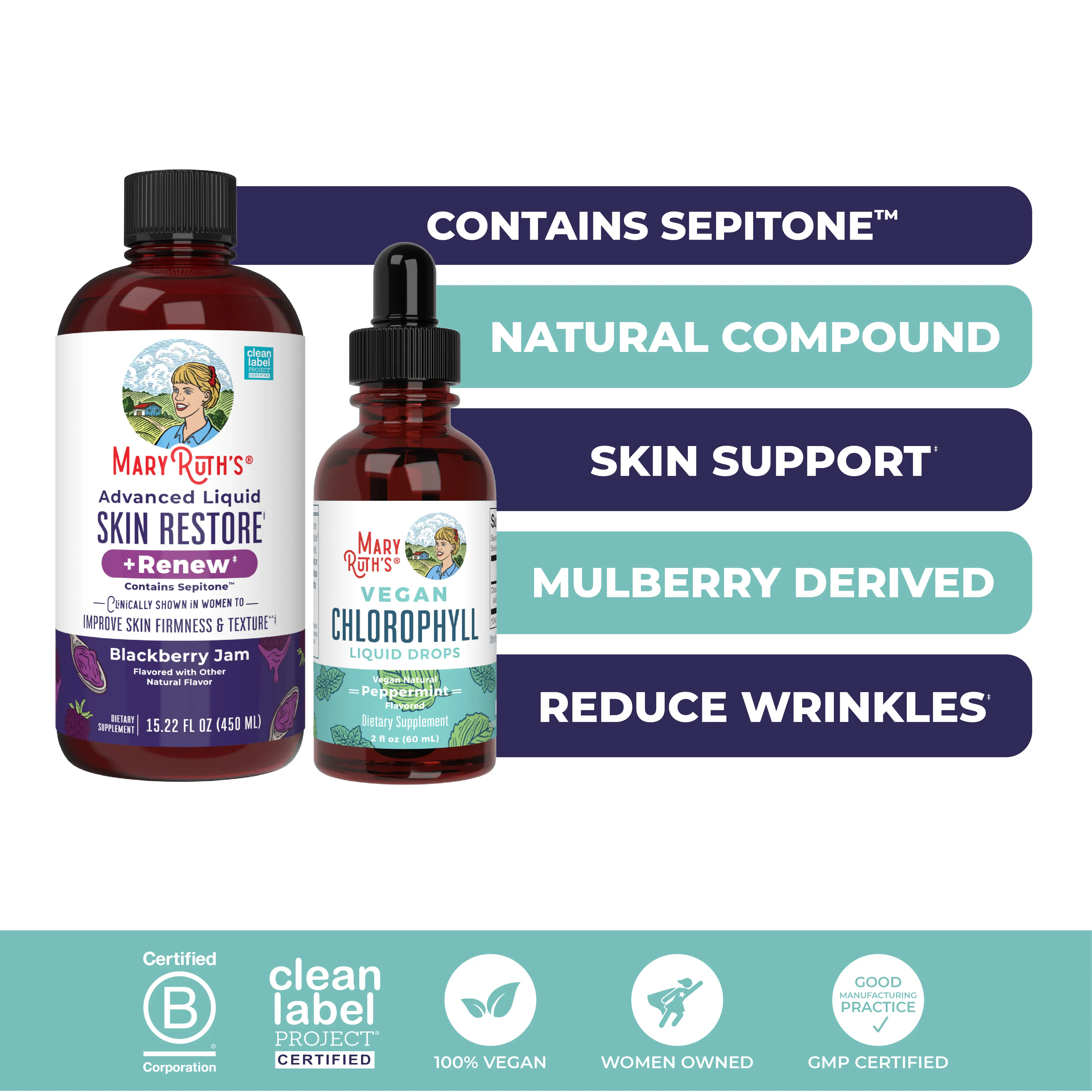 MaryRuth's Chlorophyll Drops + Advanced Liquid Skin Restore & Renew Bundle - Vegan Chlorophyll Liquid Drops 2 oz & Advanced Liquid Skin Restore & Renew 15.22 oz