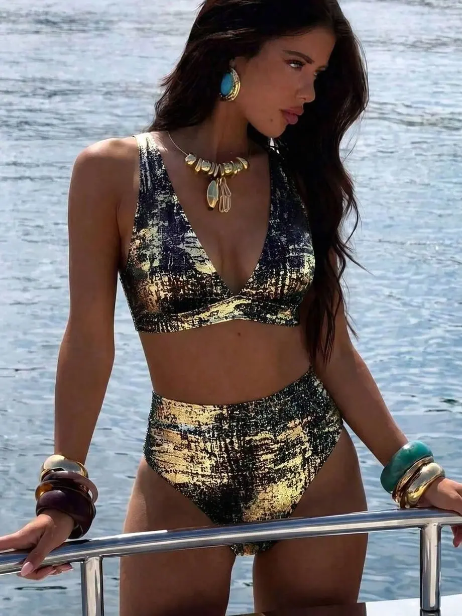 Swim Mod 2026 Spring/Summer Pink Leopard Print Deep V-Neck Back Criss-Cross Tie Side High Waist Bikini Swimsuit 2-Piece Set For Women, Sweet Vacation Style