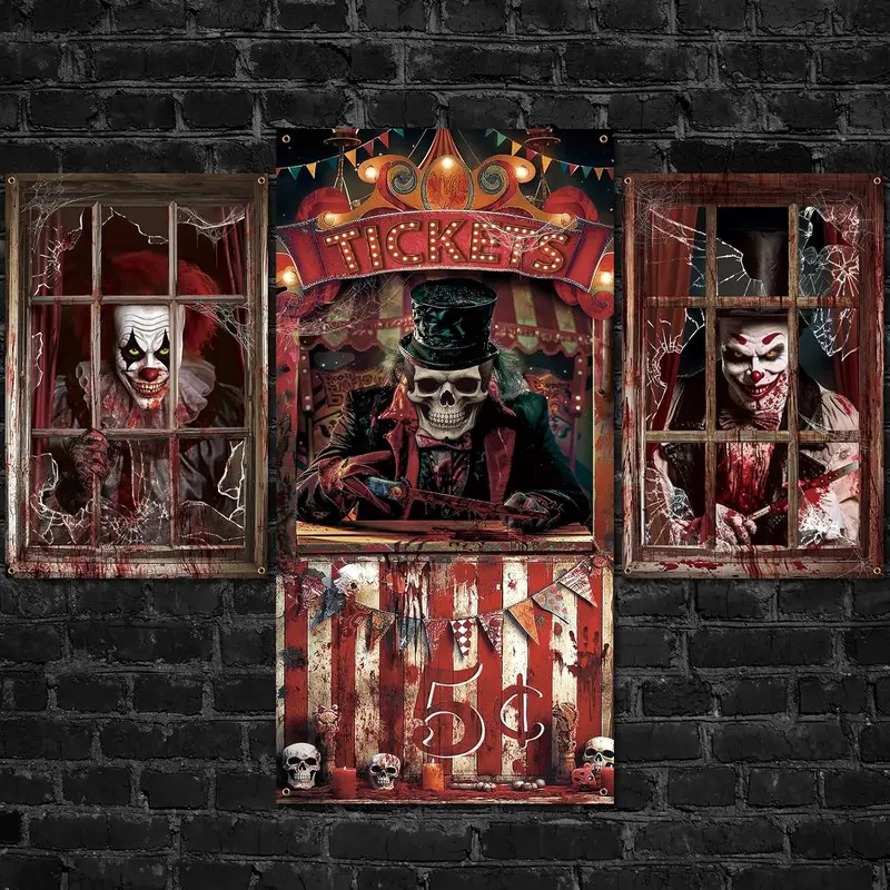 3/2-Piece Halloween Window & Door Cover Variety Pack, Spooky Female Ghost Curtains, Bloody Stain Door Poster, Reusable Polyester Backdrop, Indoor Halloween Decorations with Skeleton & Grim Reaper, 31x47in Banners Ornaments for Haunted House Parties, Large