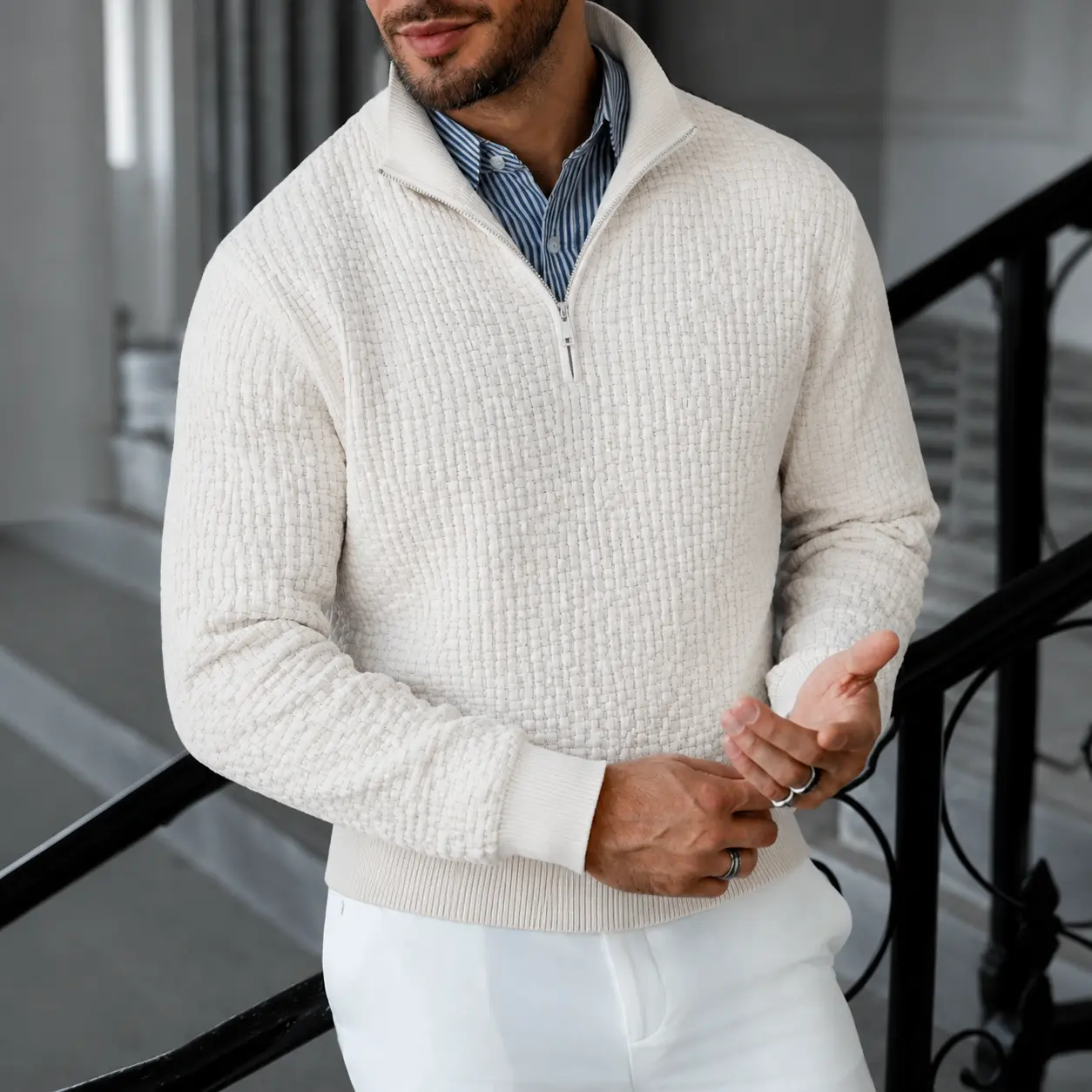 Men's Classic Polyester Textured Waffle Knit Quarter-Zip Pullover - Long Sleeve Solid Mock Neck Layering Sweater for Office, Casual Wear, Golf - Ideal for Thanksgiving, Valentine's Day