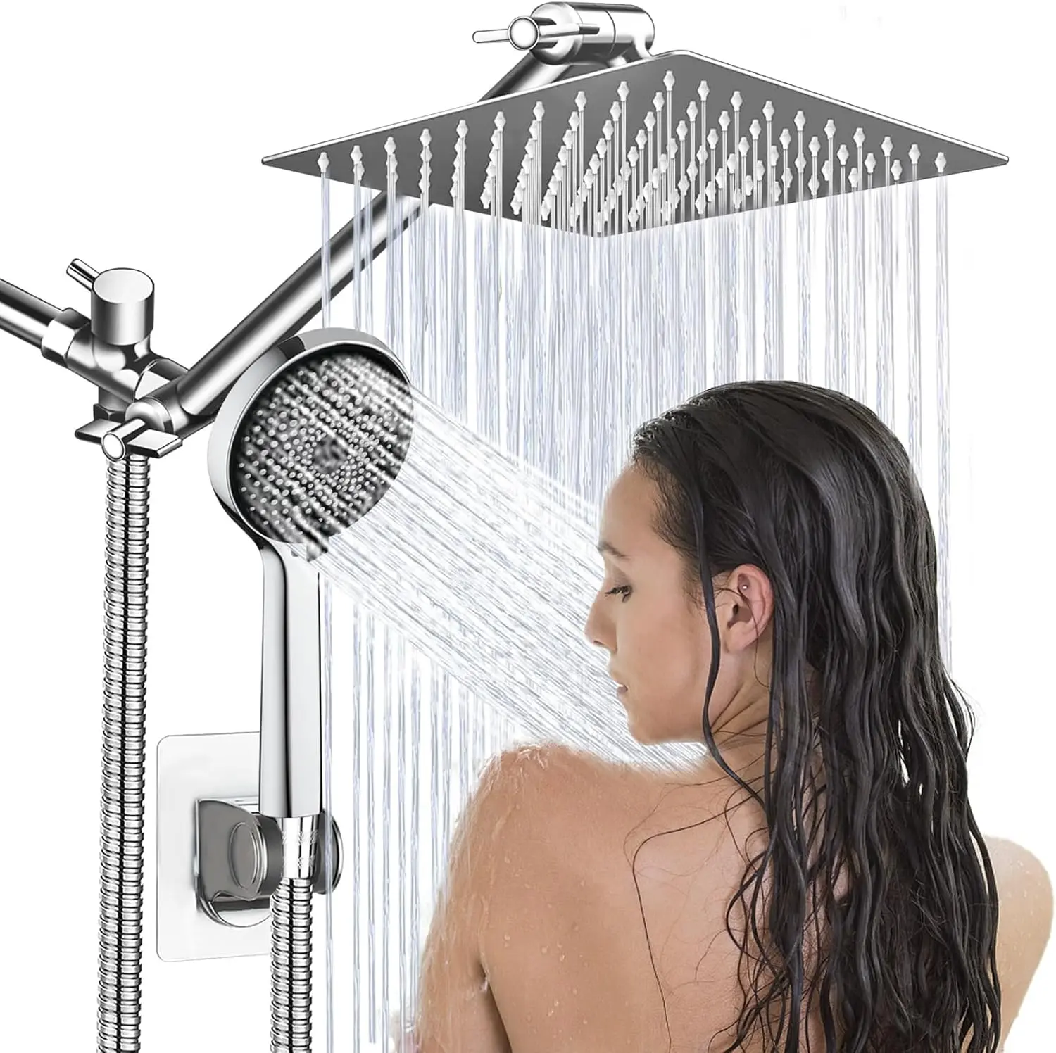 Chrome High Pressure Rain Shower Head Combo - 8"/10"/12" Rain Shower Head with Handheld Spray, 11" Angle-Adjustable Extension Arm, Flow Regulator for Bathroom Fixtures
