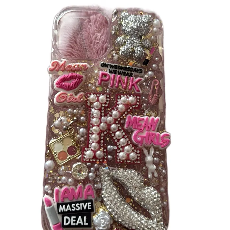 Pretty in Pink Theme Case for iPhone Personalized with Name 3D Junk Customized Heart Love Design Shockproof Protective Casing