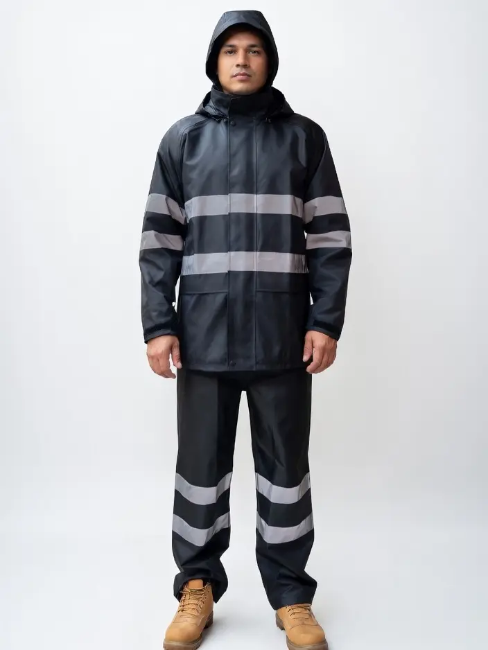 Black Safety Rain-suit, Rain Jacket With Hoodie and Rain Pants Black Safety Rain-suit, Rain Jacket With Hoodie and Rain Pants