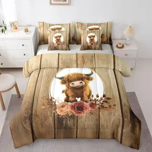 Highland Cow Comforter Set,7 Piece Bed in a Bag,Rustic Barn Door Floral Bedding Set,Country Western Animals Comforter and Sheet Set,Vintage Countryside Wood Board Bed Set,Cute Room Decor