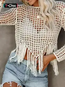 Women's Fitted Plain Hollow Out Fringe Trim Sweater Pullover, Casual Long Sleeve Breathable Crew Neck Jumper for Summer, Fashion Women's Knitwear for Daily Wear Womenswear Tops