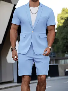 Men's Summer 2-Piece Casual Suit Set, Short Sleeve Blazer & 5-Inch Dress Shorts, Perfect for Beach Weddings & Smart Casual Occasions