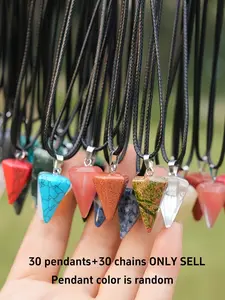 30Pcs Natural Crystal Hexagon Pyramid Pendulum Pendant Necklace Black Leather Cord DIY Jewelry Making Set for Party Gift Birthday (30Pendants + 30 Necklaces) Stone Pendant