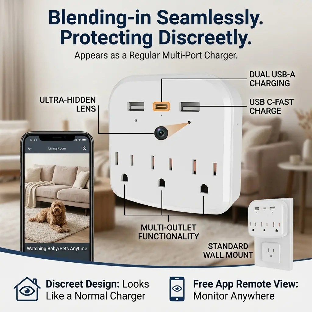 Hidden Camera Wall Outlet Extender – Dual-Band 5G WiFi Disguised Nanny House Cam with USB-A, Type-C Charging Ports, App Remote View Plug-in Spy Camera Security