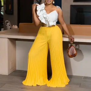 Summer Autumn Clothes Women 2 Pieces Pants Sets Blouse One Shoulder Ruffles Tops & Wide Leg Trousers Pleated Wide Leg Floor Length Birthday Party Sets