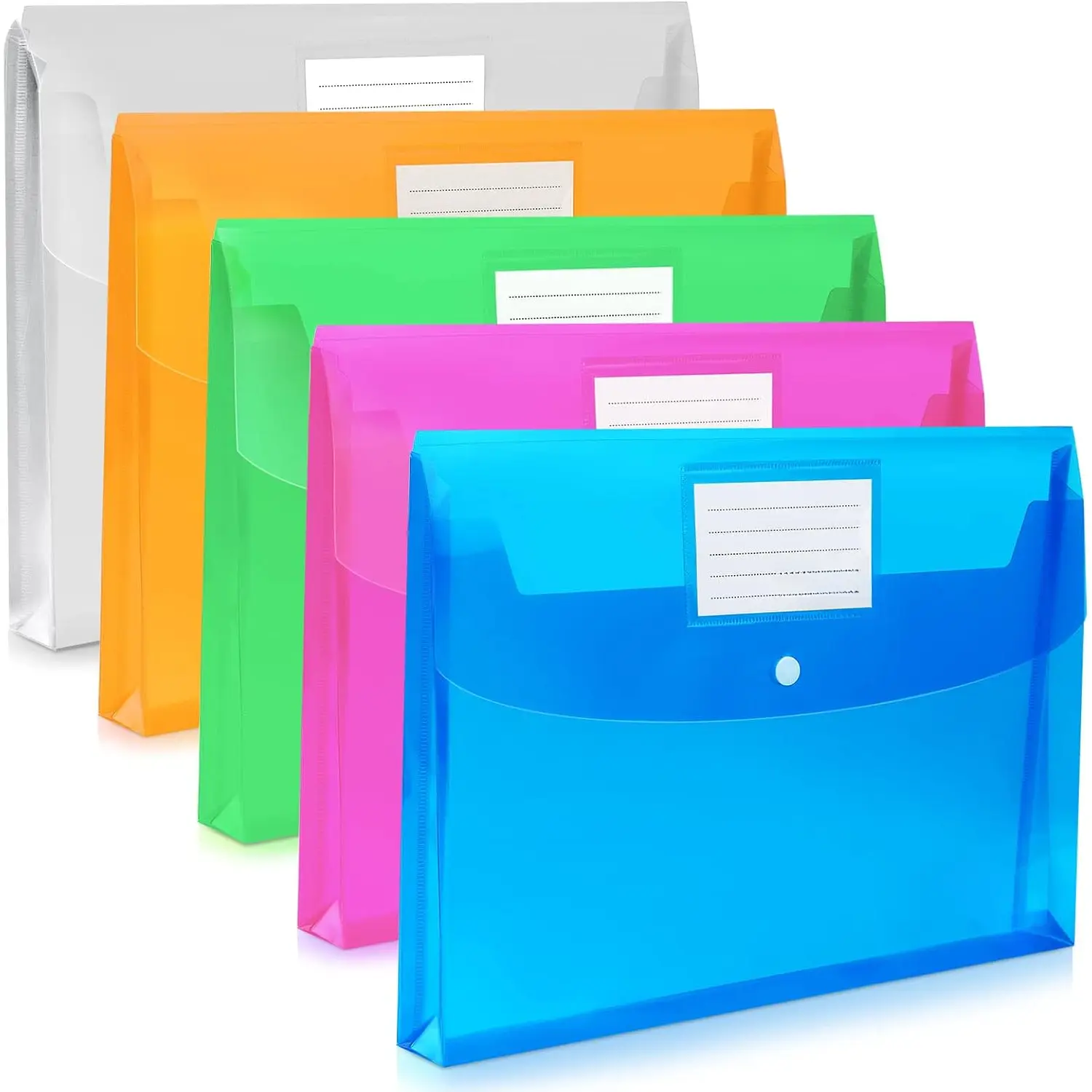 5 Pack Plastic Envelopes,Large-Capacity Colored Clear Folders for Documents File Folder, Poly Envelopes with snap Closure,A4 Letter Size(13"x9.5") for School  Office,Assorted Colors