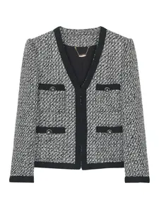 Elegant Vintage Colorblock V Neck Tweed Jacket, Fashionable Commuter Slimming Top, Stylish Woven Blazer for Women 25185