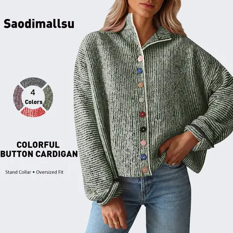 Saodimallsu Women's Button-Up Cardigan Sweater Tops for Women - 2026 Fall Trendy, Long Sleeves, Accent Buttons, Baggy Loose Fit, Soft Breathable Fabric, Casual Knitwear