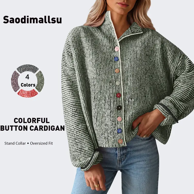Saodimallsu Women's Button-Up Cardigan Sweater Tops for Women - 2026 Fall Trendy, Long Sleeves, Accent Buttons, Baggy Loose Fit, Soft Breathable Fabric, Casual Knitwear