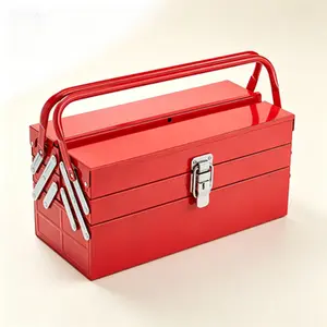 Portable Cantilever Tool Chest, 18-Inch 3-Tier 5-Tray Folding Organizer, Heavy Duty Steel Tool Box with Handle & Lock Hole, Powder Coated Toolbox for Household Garage Workshop Repair, Red