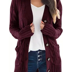 Cable Knit Button Front Cardigan, Casual Solid Long Sleeve Cardigan For Fall & Winter, Women's Clothing Collar Fabric Tops Fit