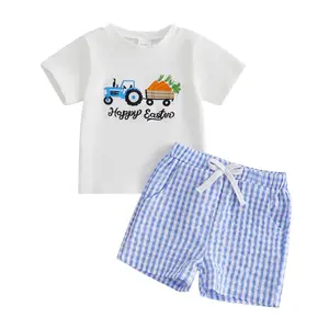 Imcute Baby Boy Easter Outfit Bunny Truck Embroidery Tops and Plaid Shorts Set Toddler Boy Spring Summer Clothes