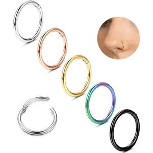 5 count G23 Titanium Nose Rings Hoops 16G/18G/20G Septum Hinged Nose Rings Clicker Rings for Lip Cartilage Daith Helix Rook Tragus Ear Lobe Earrings Conch    Nose Rings for for Women Men 6mm/8mm/10mm/12mm