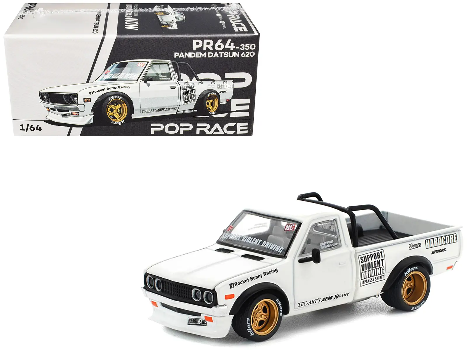Datsun Pandem 620 Pickup Truck "Rocket Bunny Racing" White with Graphics 1/64 Die Cast Model Car by Pop Race