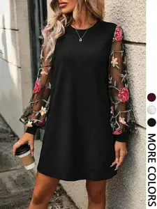 Women's Floral Embroidery Mesh Balloon Bishop Sleeve Dress, Elegant Long Sleeve Round Neck Short Dress for Party Holiday Wedding Guest, Ladies Clothes for All Seasons, Womenswear