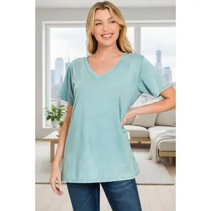 Zenana Acid Washed Short Sleeve V-Neck Tee