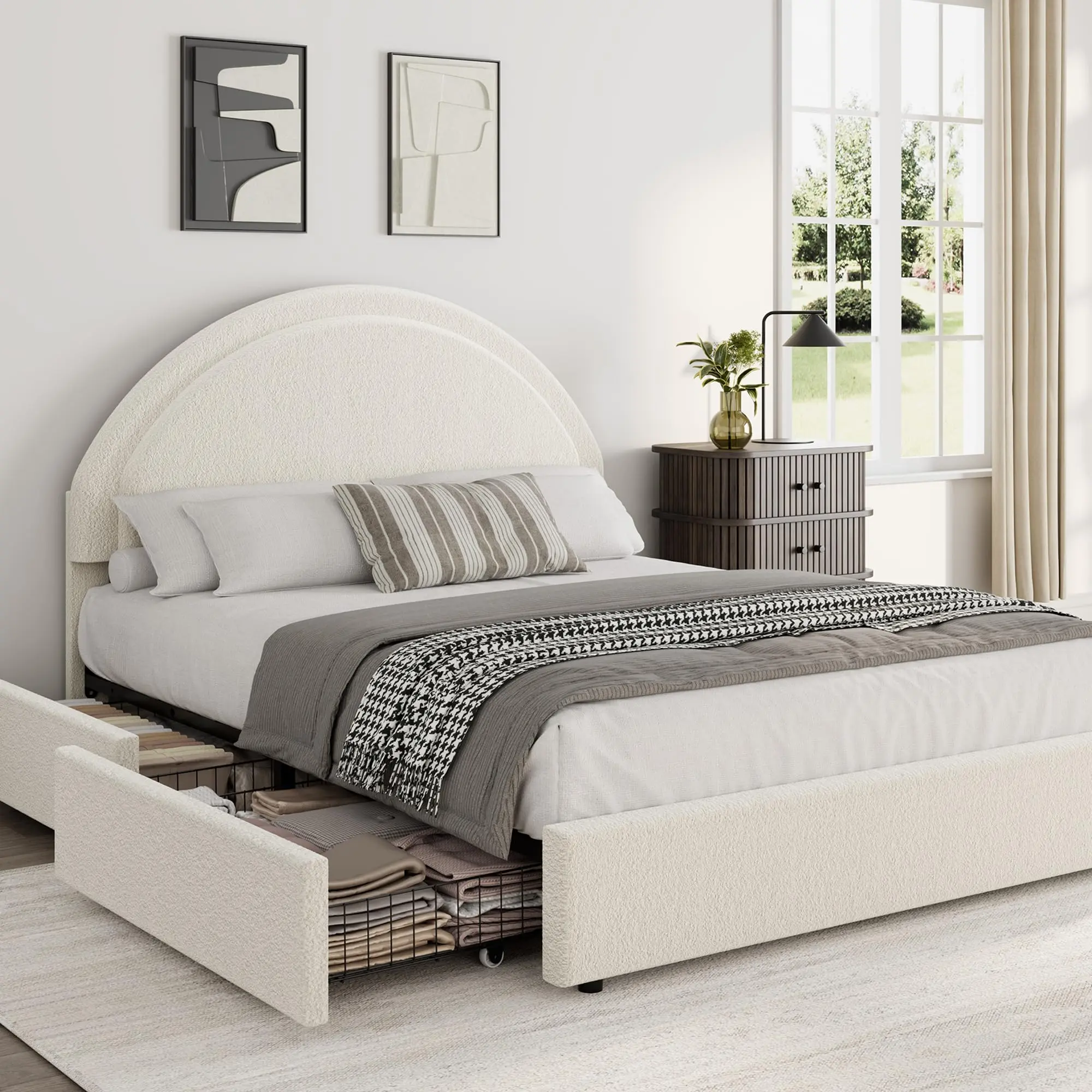 Queen Size Upholstered Bed Frame - 4-Drawer Flex Bed Frames for Queen, Textured Boucle Upholstery, Vintage Round Headboard, Heavy-Duty Wood Slats, Silent Noise-Free, No Box Spring Needed, Assembly Required, Ideal for Room Decor