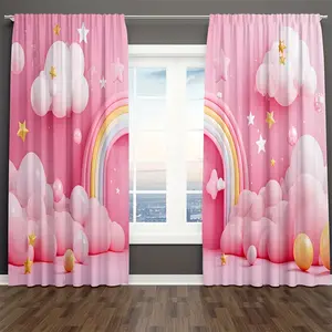 1Set/2pcs Pink Cloud Curtain,Sweet Clouds Stars Rainbow Pattern Theme Printed Design, Fade Resistant, Rod Pocket Design Bedroom Window Drapes Home Textile