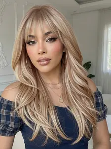 Ash Blonde Long Wavy Wig with White Highlights & Full Bangs | Daily Style 20inch