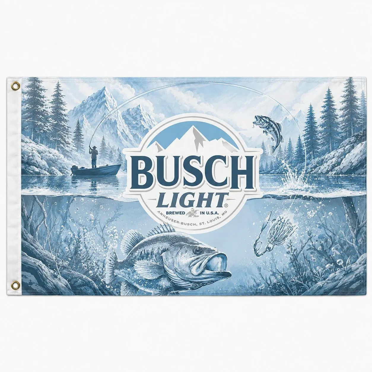 Busch Bass Fishing Flag 3x5 Ft, Cold Mountain Lake Beer Banner with Angler, Boat and Underwater Largemouth Bass, Rustic Wall Decor for Garage, Man Cave, Fishing Cabin or Bar, Gift for Fishermen and Outdoor Fans