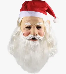Full Head Masks with Red Santa Hat and Beard Comfortable Latex Mask for Christmas Parties Festive Costume Accessory