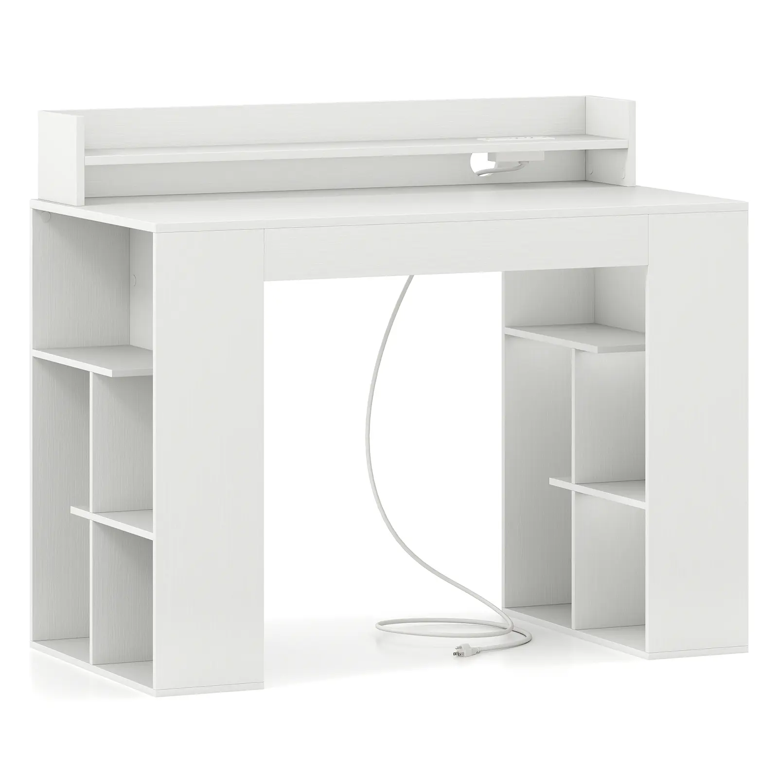 COSTWAY - 43 Inch Computer Desk with Power Outlets and 2 Bookcases-White COSTWAY - 43 Inch Computer Desk with Power Outlets and 2 Bookcases-White