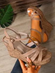 Women's Cork Wedge Sandals, T-Strap Platform Chunky Thick Sole Cross Strap High Heel, Ankle Buckle, Open Toe, Summer Beach Vacation, Stylish Boho Style Walking Shoes, Wedge Heels, Wedge Heeled Shoes